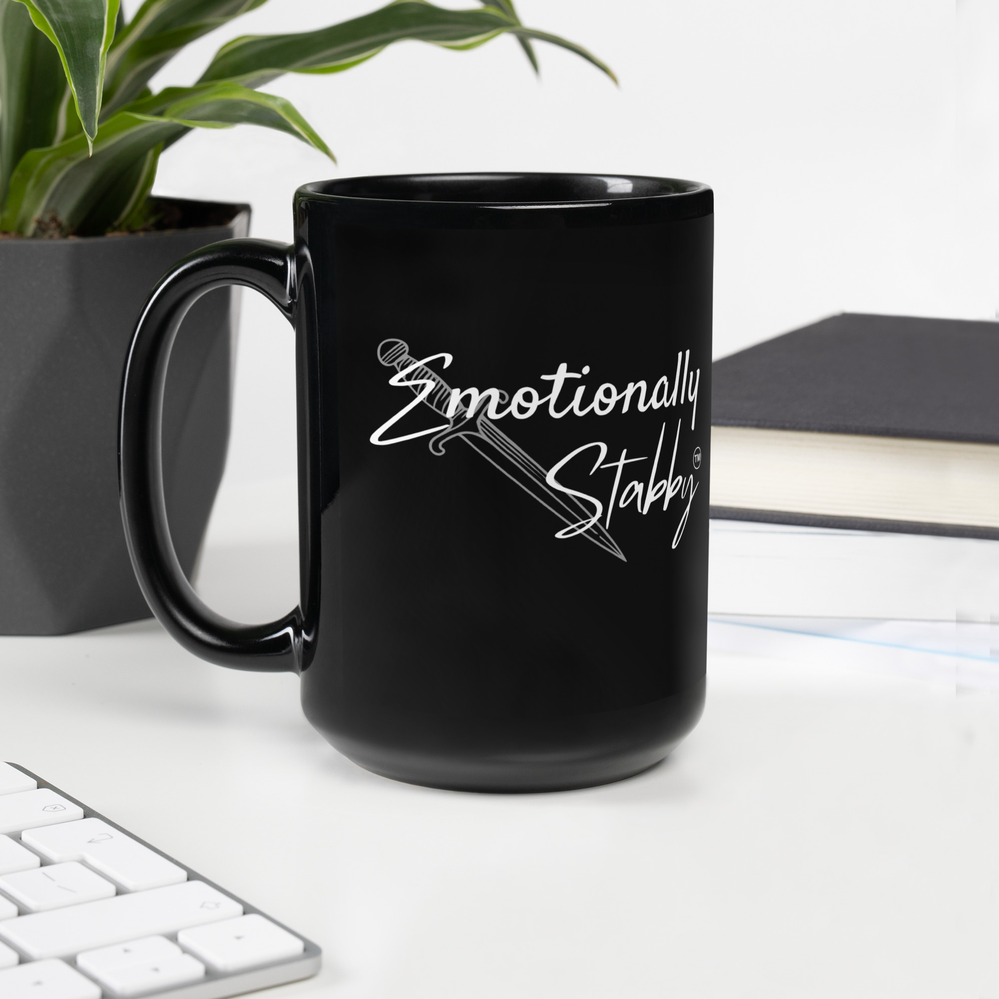 Emotionally Stabby™ MUG — Beauty Wrapped in Warning Black Glossy Mug